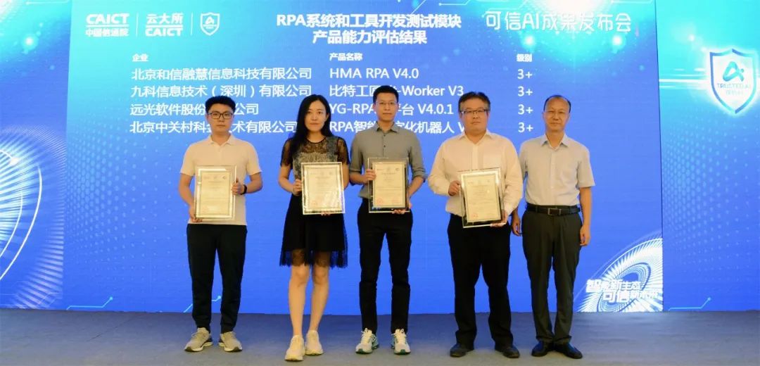 ag真人平台官方软件YG-RPA云平台获中国信通院最高等级“3+”认证